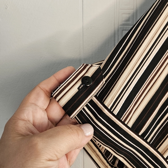 Elementz Striped Button Down Women's Short Sleeve Roll Tab Blouse Cream Black 1X - Picture 2 of 12